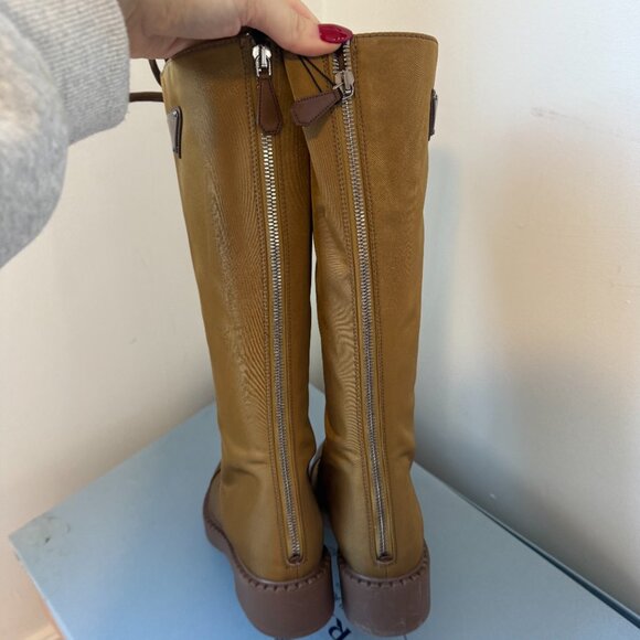 NWT Prada Tall Boots Tobacco Brown Leather Lace up Round Toe Sz 35 - Picture 9 of 11